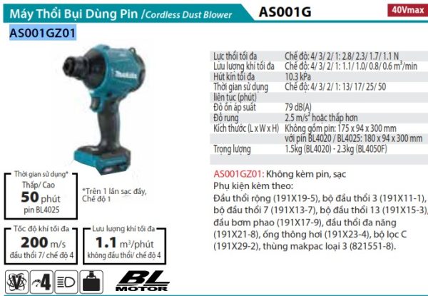 AS001GZ01  Máy Thổi Bụi Dùng Pin(bl)(40v Max) (không Kèm Pin Sạc)