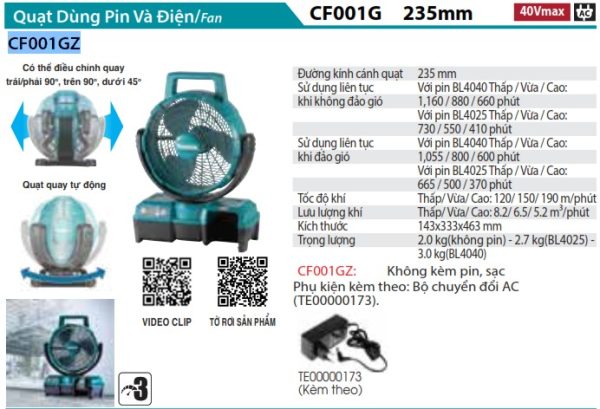 CF001GZ  Quạt Dùng Điện Và Pin(40v Max) (không Kèm Pin Sạc)