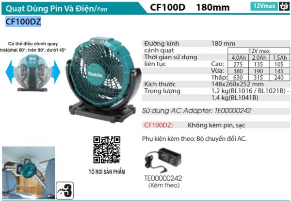 CF100DZ  Quạt Dùng Pin(12v Max) (không Kèm Pin Sạc)