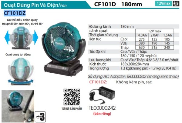 CF101DZ  Quạt Dùng Pin(12v Max) (không Kèm Pin Sạc)