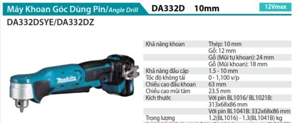DA333DSYE  Máy Khoan Góc(12v Max) (kèm 02 Pin 1.5ah + Sạc)