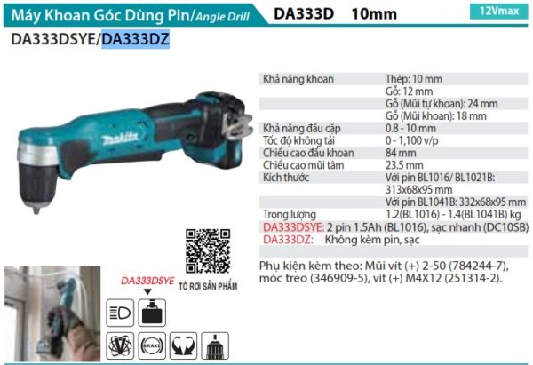 DA333DZ  Máy Khoan Góc(12v Max) (không Kèm Pin Sạc)