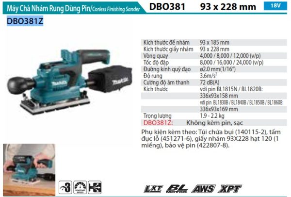 DBO381Z  Máy Chà Nhám Rung Dùng Pin(93x185mm/aws/ (không Kèm Pin Sạc)