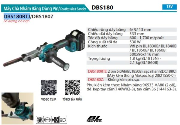 DBS180RTJ  Máy Chà Nhám Băng Dùng Pin(9mm X 533mm/b (kèm 02 Pin 5.0 + Sạc Nhanh)