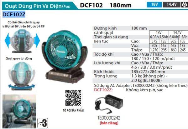 DCF102Z  Quạt Dùng Pin(18v) (không Kèm Pin Sạc)