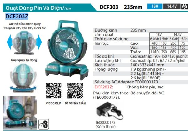 DCF203Z  Quạt Dùng Pin Và Điện(18v) (không Kèm Pin Sạc)
