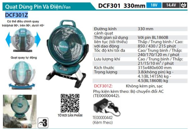 DCF301Z  Quạt Dùng Pin(18v/14.4v/ac) (không Kèm Pin Sạc)