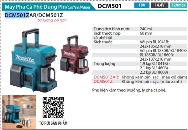 DCM501Z  Máy Pha Cà Phê Dùng Pin(18v) (không Kèm Pin Sạc)