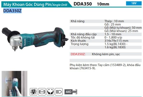 DDA350Z  Máy Khoan Góc Dùng Pin(18v) (không Kèm Pin Sạc)