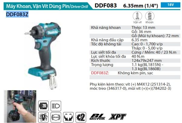 Makita DDF083Z  Máy Khoan Và Vặn Vít Dùng Pin(bl)(18v) (không Kèm Pin Sạc)