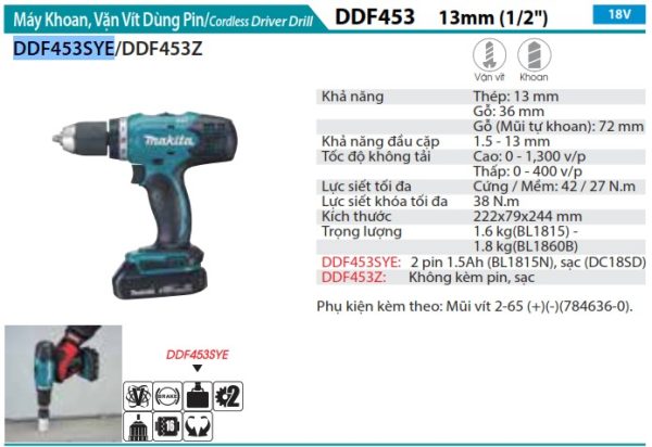 Makita DDF453SYE  Máy Khoan Và Vặn Vít Dùng Pin(18v) (kèm 02 Pin + Sạc)
