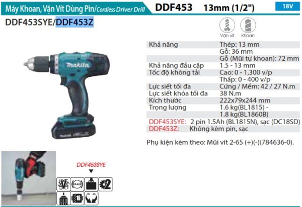 Makita DDF453Z  Máy Khoan Và Vặn Vít Dùng Pin(18v) (không Kèm Pin Sạc)