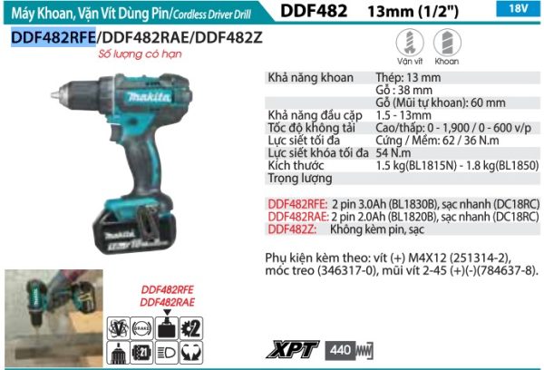 DDF482RFE  Máy Khoan Và Vặn Vít Dùng Pin(18v) (kèm 02 Pin 3.0 + Sạc Nhanh)