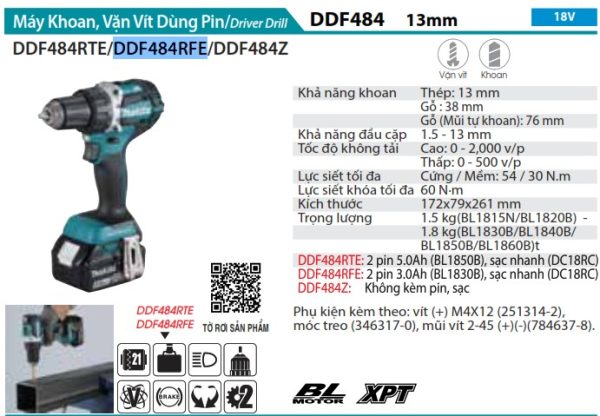 DDF484RFE  Máy Khoan Và Vặn Vít Dùng Pin(bl)(18v) (kèm 02 Pin 3.0 + Sạc Nhanh)