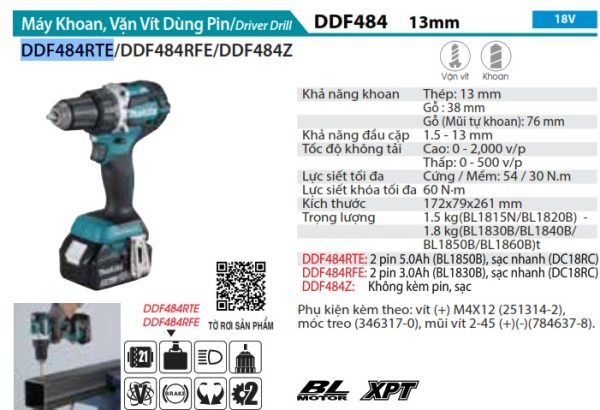 DDF484RTE  Máy Khoan Và Vặn Vít Dùng Pin(bl)(18v) (kèm 02 Pin 5.0 + Sạc Nhanh)