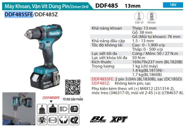 DDF485SFE  Máy Khoan Và Vặn Vít Dùng Pin(bl)(18v) (kèm 02 Pin 3.0 + Sạc)