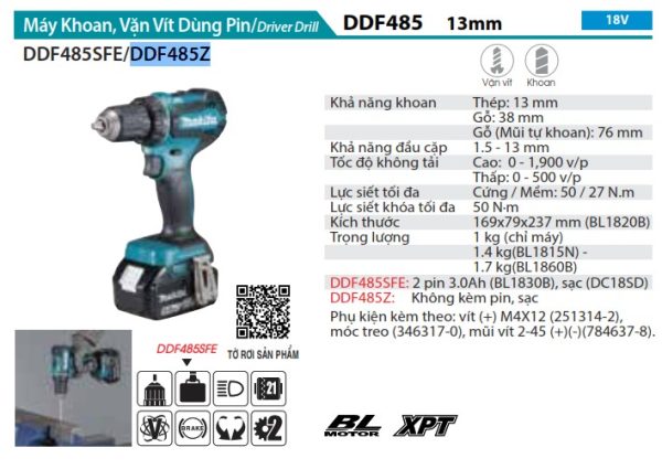 DDF485Z  Máy Khoan Và Vặn Vít Dùng Pin(bl)(18v) (không Kèm Pin Sạc)