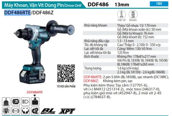 DDF486RTE  Máy Khoan Và Vặn Vít Dùng Pin(bl)(18v) (kèm 02 Pin 5.0 + Sạc Nhanh)