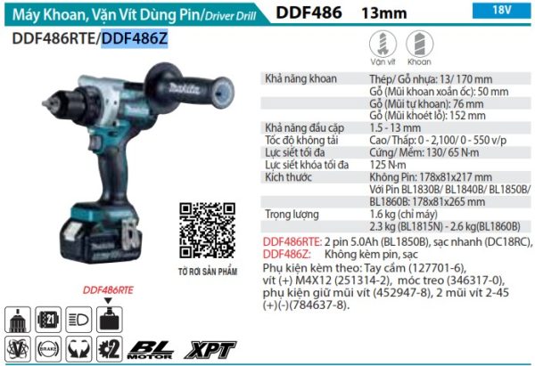 DDF486Z  Máy Khoan Và Vặn Vít Dùng Pin(bl)(18v) (không Kèm Pin Sạc)