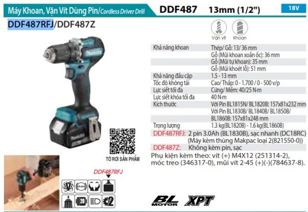 DDF487RFJ  Máy Khoan Và Vặn Vít Dùng Pin(bl)(18v) (kèm 02 Pin 3.0 + Sạc Nhanh)