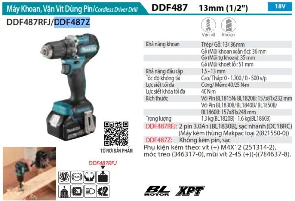 DDF487Z  Máy Khoan Và Vặn Vít Dùng Pin(bl)(18v) (không Kèm Pin Sạc)