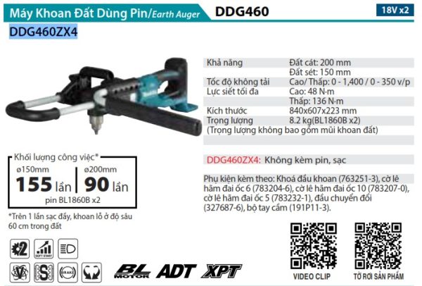 DDG460ZX4  Máy Khoan Đất Dùng Pin(bl)(18vx2) (không Kèm Pin Sạc)