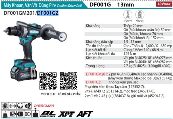 DF001GZ  Máy Khoan Và Vặn Vít Dùng Pin(bl)(40v) (không Kèm Pin Sạc)