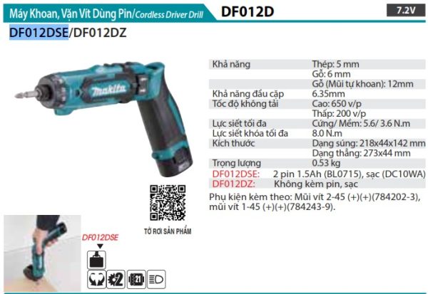DF012DSE  Máy Khoan Và Vặn Vít Dùng Pin(7.2v) (kèm 02 Pin + Sạc)