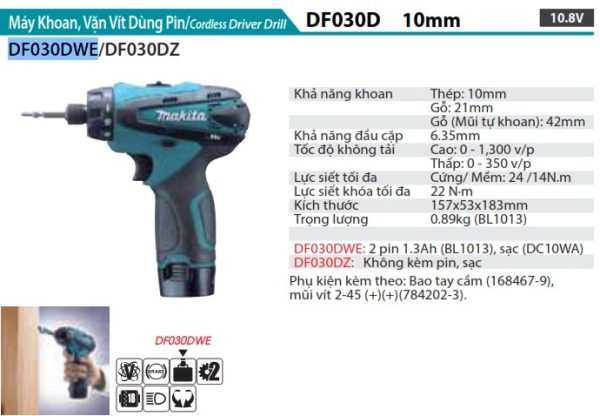 DF030DWE  Máy Khoan Và Vặn Vít Dùng Pin(10.8v) (kèm 02 Pin 1.5ah + Sạc)