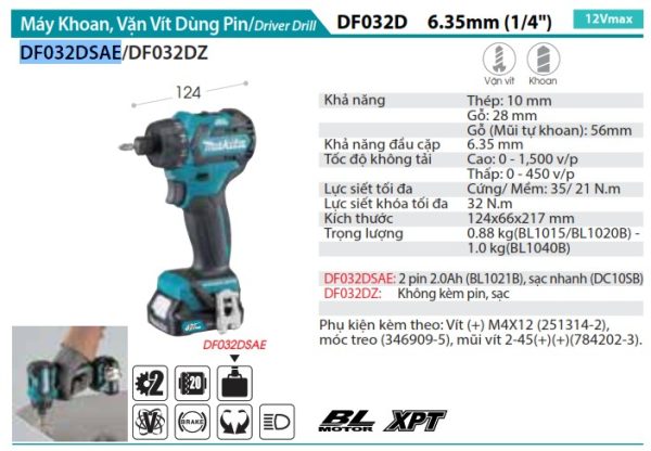 DF032DSAE  Máy Khoan Và Vặn Vít Dùng Pin(bl)(12v ) (kèm 02 Pin 2.0 + Sạc)