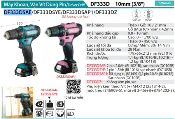 DF333DSAE  Máy Khoan Và Vặn Vít Dùng Pin(12v Max) (kèm 02 Pin 2.0 + Sạc)