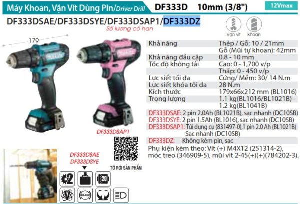 DF333DZ  Máy Khoan Và Vặn Vít Dùng Pin(12v Max) (không Kèm Pin Sạc)