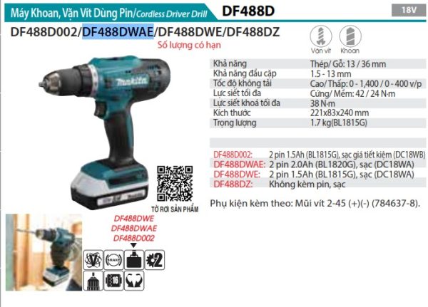 DF488DWAE  Máy Khoan Và Vặn Vít Dùng Pin (kèm 02 Pin 2.0+ Sạc)
