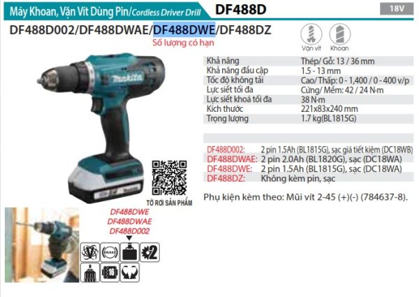 DF488DWE  Máy Khoan Và Vặn Vít Dùng Pin(bl1815g*2+ (kèm 02 Pin + Sạc)