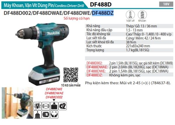 DF488DZ  Máy Khoan Và Vặn Vít Dùng Pin(18v) (không Kèm Pin Sạc)