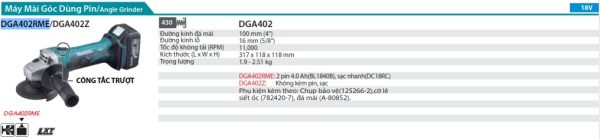 DGA402RME  Máy Mài Góc Dùng Pin(100mm/công Tắc Trượt) (kèm 02 Pin 4.0ah + Sạc Nhanh)