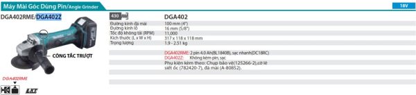 DGA402Z  Máy Mài Góc Dùng Pin(100mm/công Tắc Trượt) (không Kèm Pin Sạc)