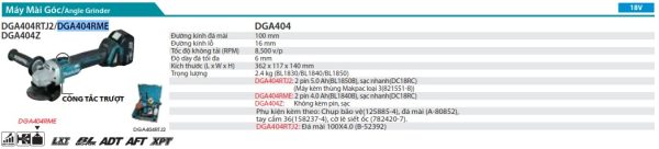 DGA404RME  Máy Mài Góc Dùng Pin(100mm/công Tắc Trượt) (kèm 02 Pin 4.0ah + Sạc Nhanh)