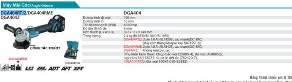 DGA404RTJ2  Máy Mài Góc Dùng Pin(100mm/công Tắc Trượt - kèm 02 Pin 5.0 + Sạc Nhanh)