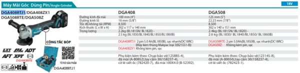 DGA408RTJ1  Máy Mài Góc Dùng Pin(100mm/công Tắc Bóp/ (kèm 02 Pin 5.0 + Sạc Nhanh)