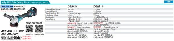 DGA414RTE  Máy Mài Góc Dùng Pin(100mm/công Tắc Trượt (kèm 02 Pin 5.0 + Sạc Nhanh)