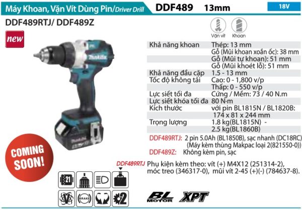 DHP489Z  Máy Khoan Búa, Vặn Vít Dùng Pin(bl)(18v) (không Kèm Pin Sạc)