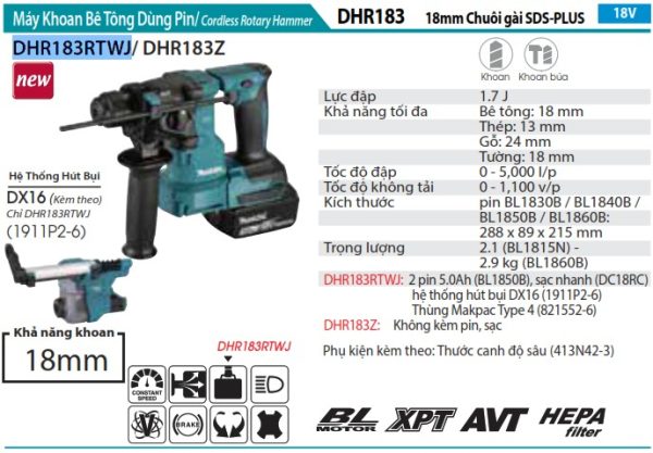 DHR183RTWJ  Máy Khoan Bê Tông Dùng Pin(chuôi Gài Sds'-plus/18mm/bl)(18v)