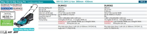 DLM382CM2  Máy Cắt Cỏ Đẩy Dùng Pin(380mm)(18vx2) (kèm 02 Pin 4.0ah + Sạc Nhanh)