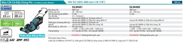 DLM480Z  Máy Cắt Cỏ Đẩy Dùng Pin(480mm)(18vx2) (không Kèm Pin Sạc)