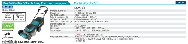 DLM532Z  Máy Cắt Cỏ Đẩy Dùng Pin(530mm/bl)(18vx2) (không Kèm Pin Sạc)
