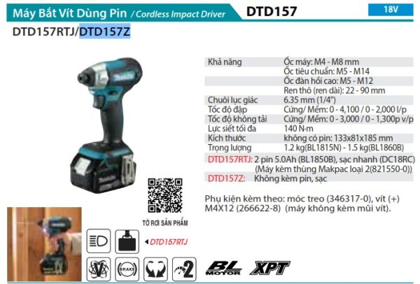 DTD157Z  Máy Bắt Vít Dùng Pin(bl)(18v) (không Kèm Pin Sạc)
