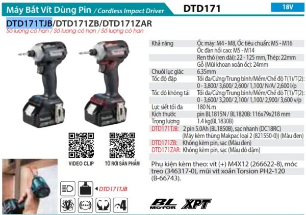 DTD171TJB  Máy Bắt Vít Dùng Pin(bl)(18v) (kèm 02 Pin 5.0 + Sạc Nhanh)