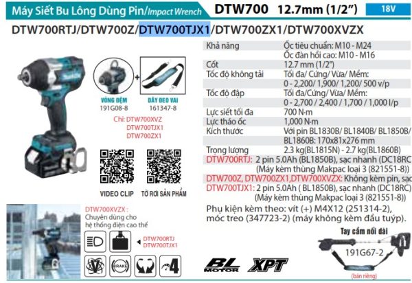 DTW700TJX1  Máy Siết Bu Lông Dùng Pin(12.7mm) (kèm 02 Pin 5.0 + Sạc Nhanh)