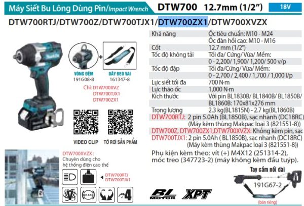 DTW700ZX1  Máy Siết Bu Lông Dùng Pin(12.7mm/ (không Kèm Pin Sạc)